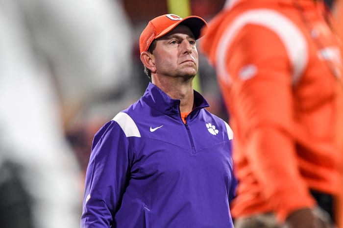 Nov 12, 2022; Clemson, South Carolina, USA; Clemson Tigers head coach Dabo Swinney looks on during the fourth quarter against the Louisville Cardinals at Memorial Stadium. Mandatory Credit: Ken Ruinard-USA TODAY Sports